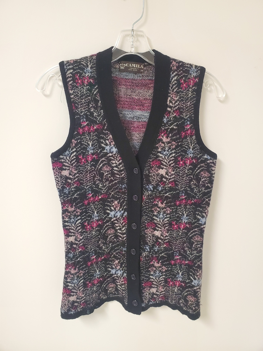 Camela Wool Black Floral Knit Button Front Vest